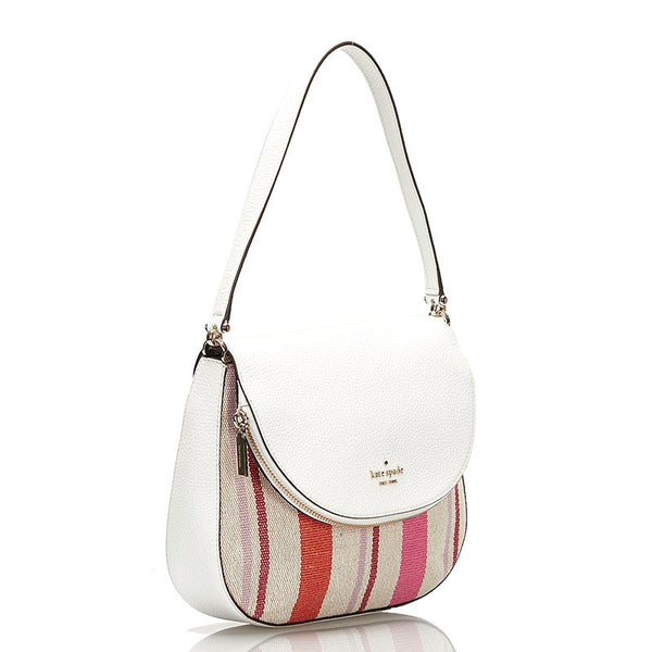 ケイトスペード レイラ ストライプ ハンドバッグ ショルダーバッグ 2WAY ホワイト ベージュ レザー キャンバス レディース Kate Spade 【中古】