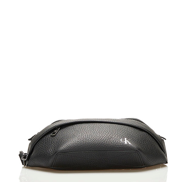 カルバンクライン ロゴ ボディバッグ ウエストバッグ ブラック レザー メンズ Calvin Klein 【中古】