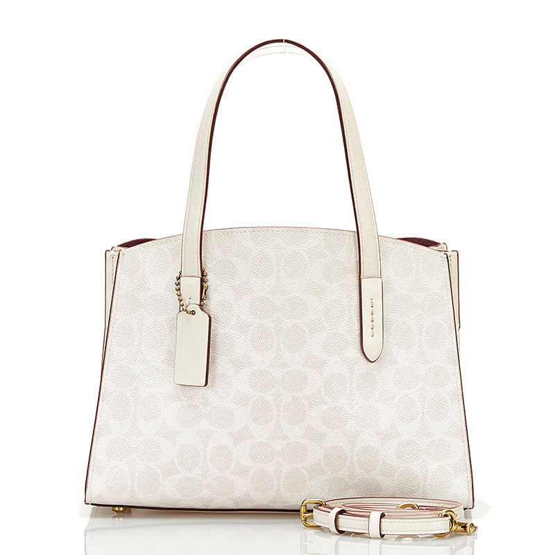 コーチ シグネチャー チャーリ－ キャリーオール ハンドバッグ ショルダーバッグ 2WAY 32749 ベージュ ボルドー PVC レザー レディース COACH 【中古】