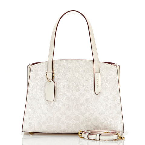 コーチ シグネチャー チャーリ－ キャリーオール ハンドバッグ ショルダーバッグ 2WAY 32749 ベージュ ボルドー PVC レザー レディース COACH 【中古】