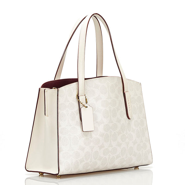 コーチ シグネチャー チャーリ－ キャリーオール ハンドバッグ ショルダーバッグ 2WAY 32749 ベージュ ボルドー PVC レザー レディース COACH 【中古】