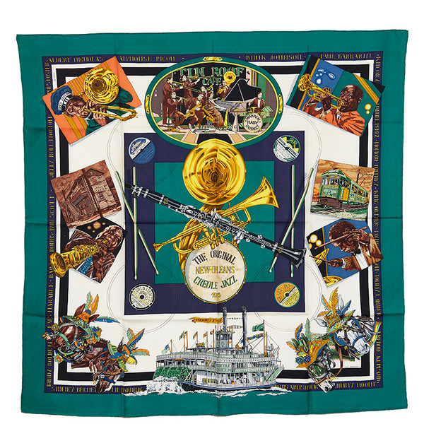 エルメス カレ90 THE ORIGINAL NEW ORLEANS CREOLE JAZZ 1923 スカーフ グリーン マルチカラー シルク レディース HERMES 【中古】