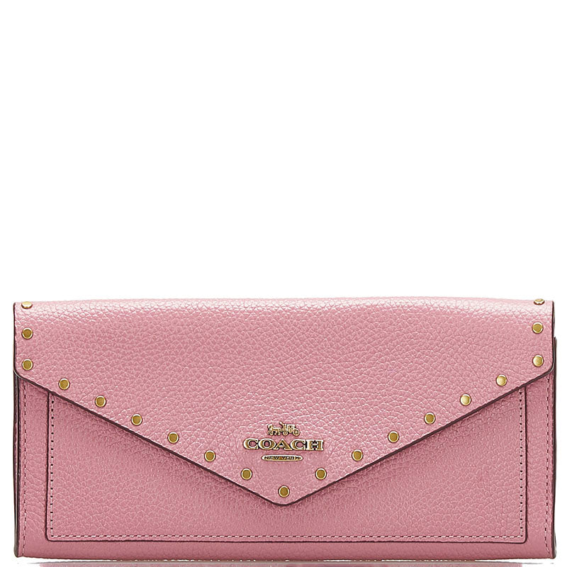 コーチ スタッズ 長財布 ピンク レザー レディース COACH 【中古】