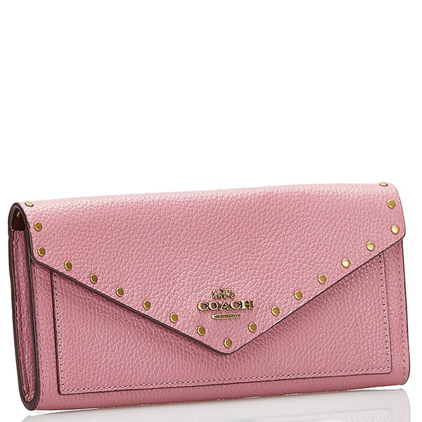 コーチ スタッズ 長財布 ピンク レザー レディース COACH 【中古】