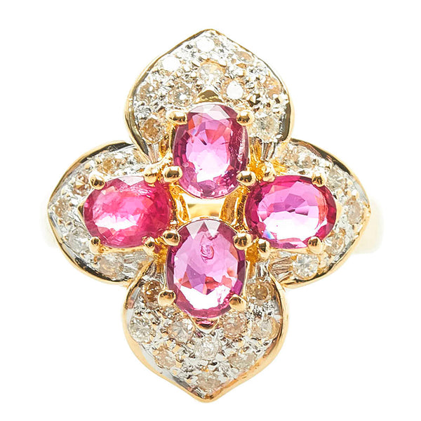 K18YG イエローゴールド ルビー1.73ct ダイヤ0.45ct フラワー リング 指輪 レディース 10号 【中古】