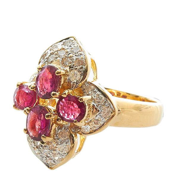K18YG イエローゴールド ルビー1.73ct ダイヤ0.45ct フラワー リング 指輪 レディース 10号 【中古】