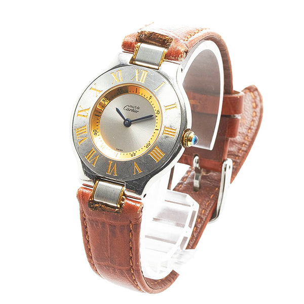 カルティエ マスト21 ヴァンティアン ベルト（社外品） 腕時計 W10073R6 クオーツ シルバー文字盤 ステンレススチール レザー レディース CARTIER 【中古】