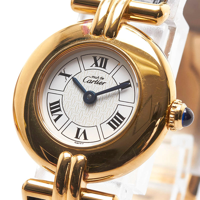 カルティエ マストコリゼ  ヴェルメイユ 腕時計 クオーツ アイボリー文字盤 SV925 シルバー レザー レディース CARTIER 【中古】