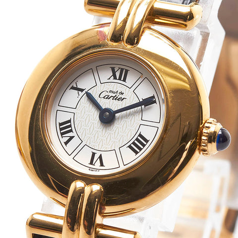 カルティエ マストコリゼ  ヴェルメイユ 腕時計 クオーツ アイボリー文字盤 SV925 シルバー レザー レディース CARTIER 【中古】