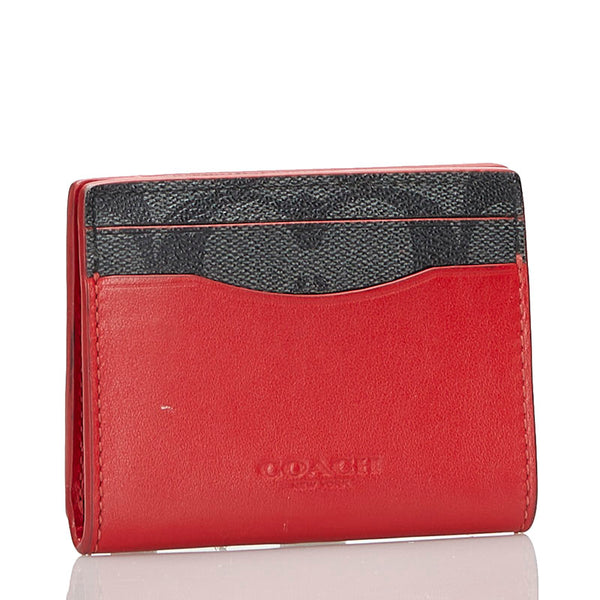 コーチ シグネチャー 2つ折り カードケース F87843 レッド グレー PVC レザー レディース COACH 【中古】