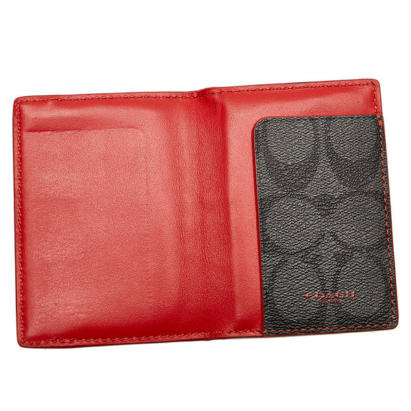 コーチ シグネチャー 2つ折り カードケース F87843 レッド グレー PVC レザー レディース COACH 【中古】