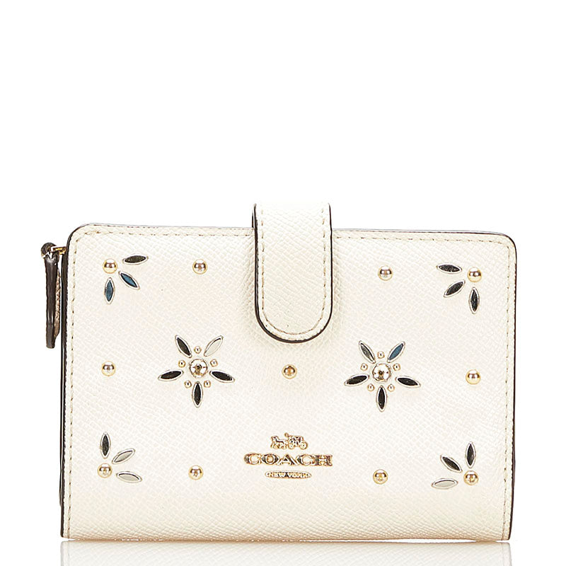 コーチ スタッズ フラワー 二つ折り財布 ホワイト レザー レディース COACH 【中古】