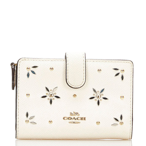 コーチ スタッズ フラワー 二つ折り財布 ホワイト レザー レディース COACH 【中古】