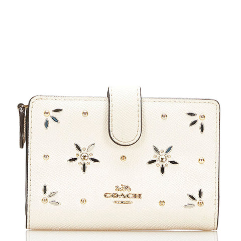 コーチ スタッズ フラワー 二つ折り財布 ホワイト レザー レディース COACH 【中古】