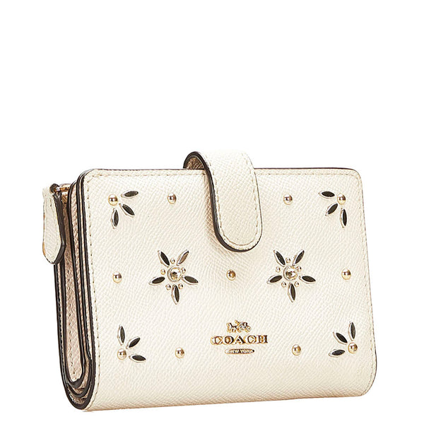 コーチ スタッズ フラワー 二つ折り財布 ホワイト レザー レディース COACH 【中古】