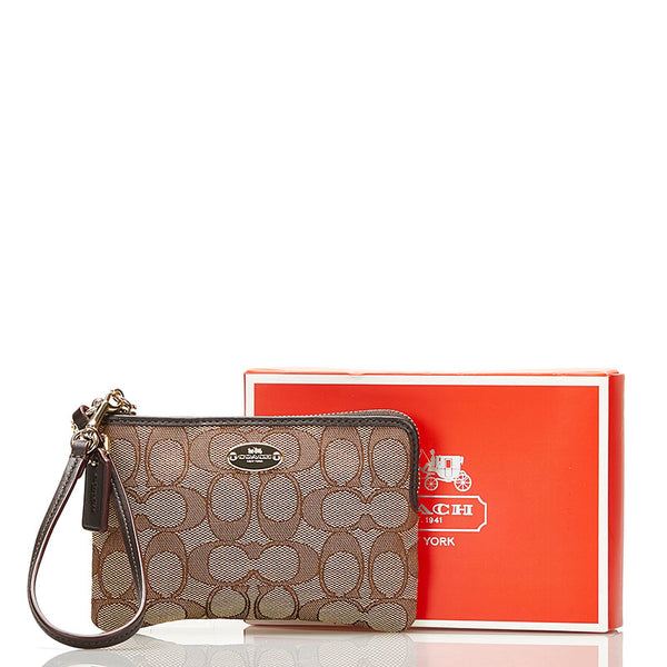 コーチ シグネチャー ポーチ F53536 ベージュ ブラウン キャンバス レザー レディース COACH 【中古】