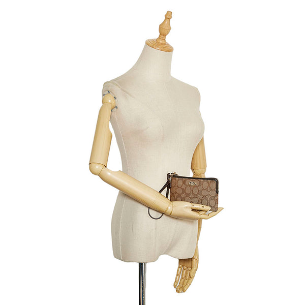 コーチ シグネチャー ポーチ F53536 ベージュ ブラウン キャンバス レザー レディース COACH 【中古】