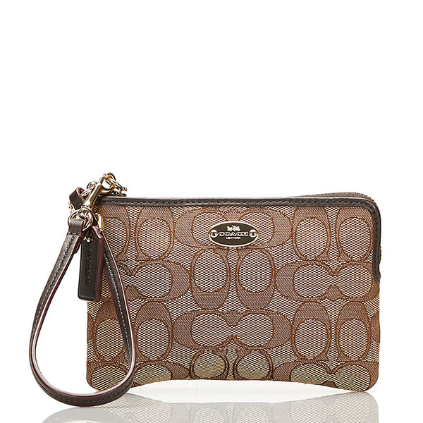 コーチ シグネチャー ポーチ F53536 ベージュ ブラウン キャンバス レザー レディース COACH 【中古】