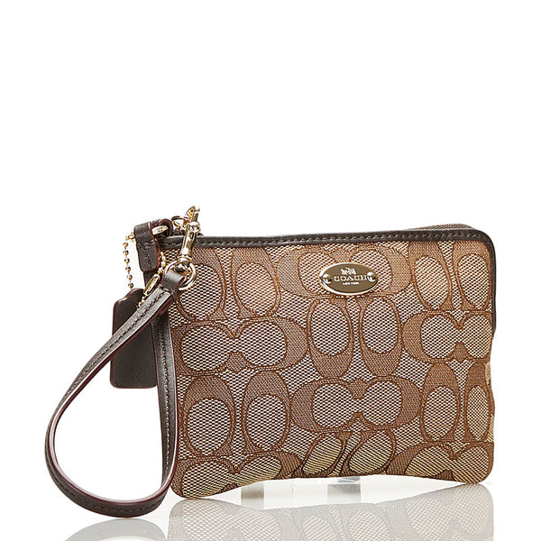 コーチ シグネチャー ポーチ F53536 ベージュ ブラウン キャンバス レザー レディース COACH 【中古】