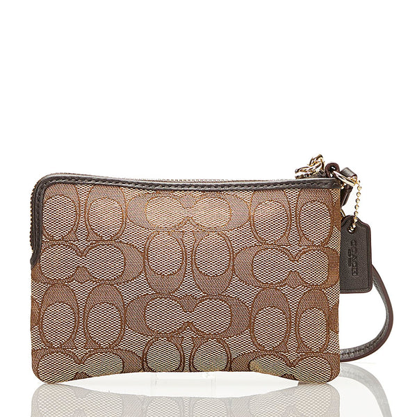 コーチ シグネチャー ポーチ F53536 ベージュ ブラウン キャンバス レザー レディース COACH 【中古】