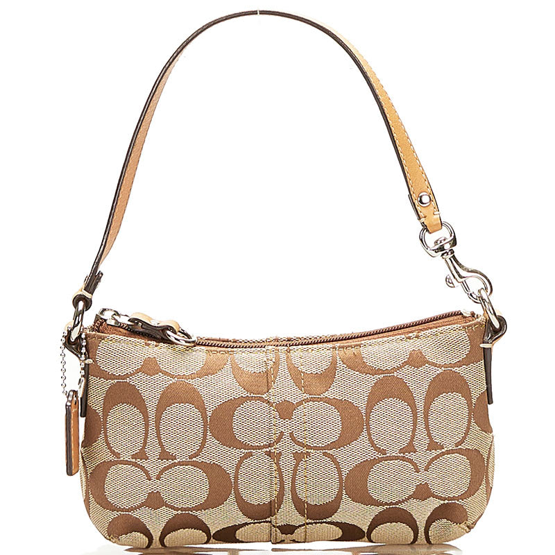 コーチ シグネチャー ポーチ ミニハンドバッグ ベージュ キャンバス レザー レディース COACH 【中古】