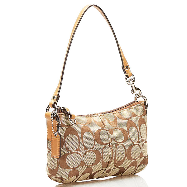 コーチ シグネチャー ポーチ ミニハンドバッグ ベージュ キャンバス レザー レディース COACH 【中古】