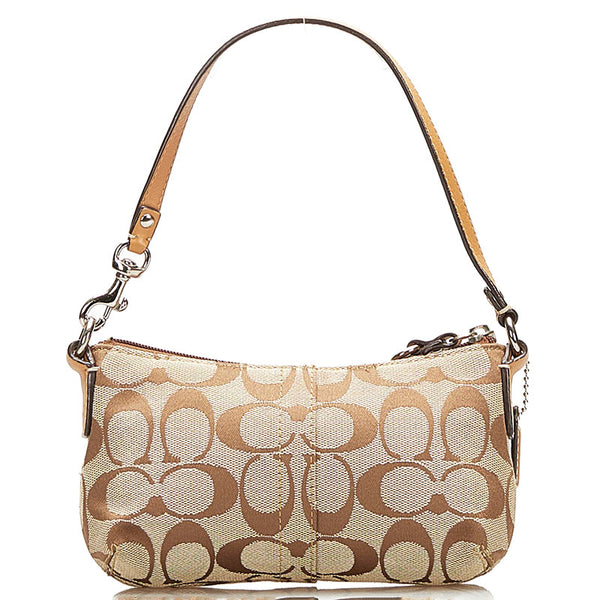 コーチ シグネチャー ポーチ ミニハンドバッグ ベージュ キャンバス レザー レディース COACH 【中古】