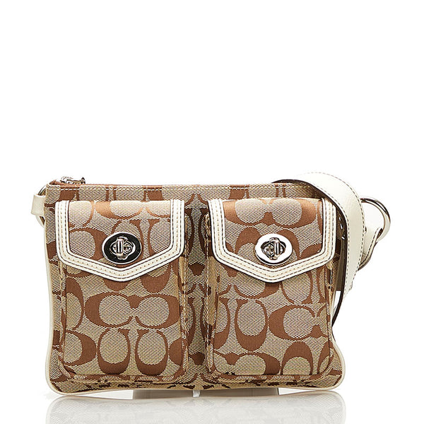 コーチ シグネチャー ボディバッグ ウエストバッグ ベージュ ホワイト キャンバス レザー レディース COACH 【中古】