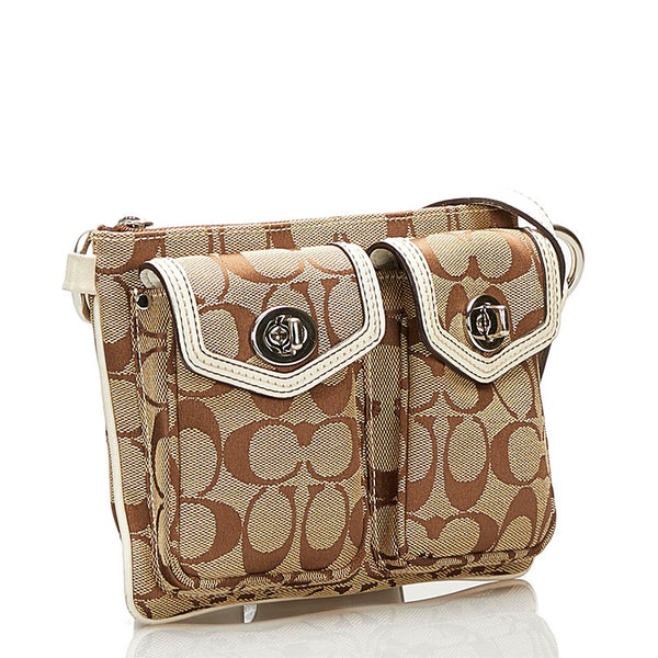 コーチ シグネチャー ボディバッグ ウエストバッグ ベージュ ホワイト キャンバス レザー レディース COACH 【中古】