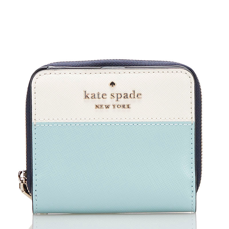 ケイトスペード ステイシー 二つ折り財布 WLR00636 ライトブルー ホワイト レザー レディース Kate Spade 【中古】