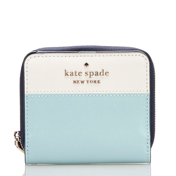 ケイトスペード ステイシー 二つ折り財布 WLR00636 ライトブルー ホワイト レザー レディース Kate Spade 【中古】