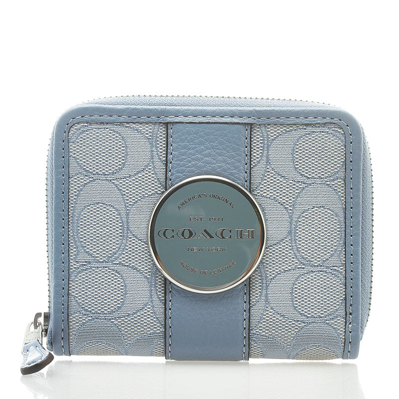 コーチ シグネチャー 二つ折り財布 コンパクトウォレット ライトブルー レザー レディース COACH 【中古】