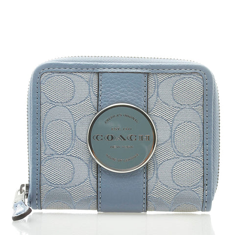 コーチ シグネチャー 二つ折り財布 コンパクトウォレット ライトブルー レザー レディース COACH 【中古】