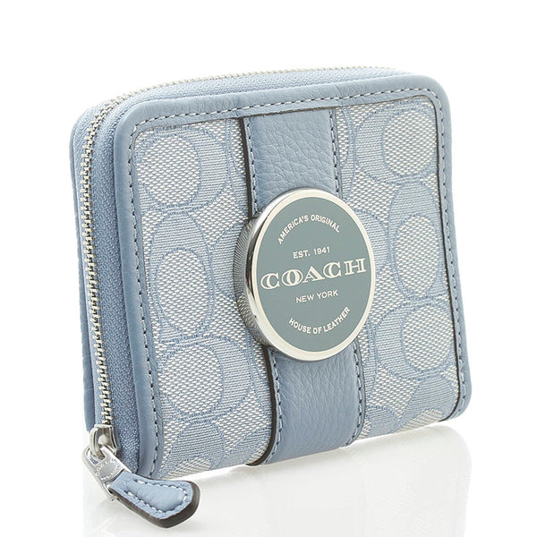 コーチ シグネチャー 二つ折り財布 コンパクトウォレット ライトブルー レザー レディース COACH 【中古】