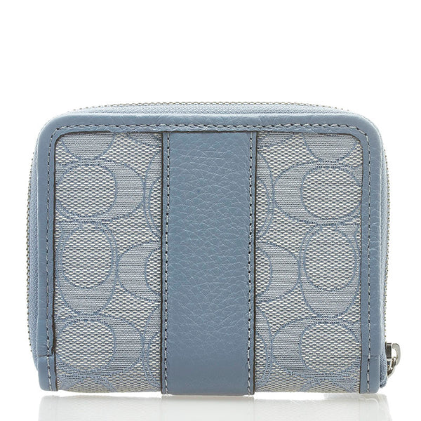 コーチ シグネチャー 二つ折り財布 コンパクトウォレット ライトブルー レザー レディース COACH 【中古】