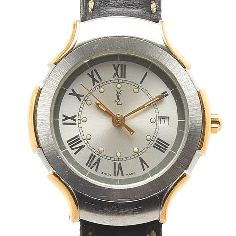 サンローラン 腕時計 クオーツ シルバー文字盤 ステンレススチール レザー レディース SAINT LAURENT 【中古】