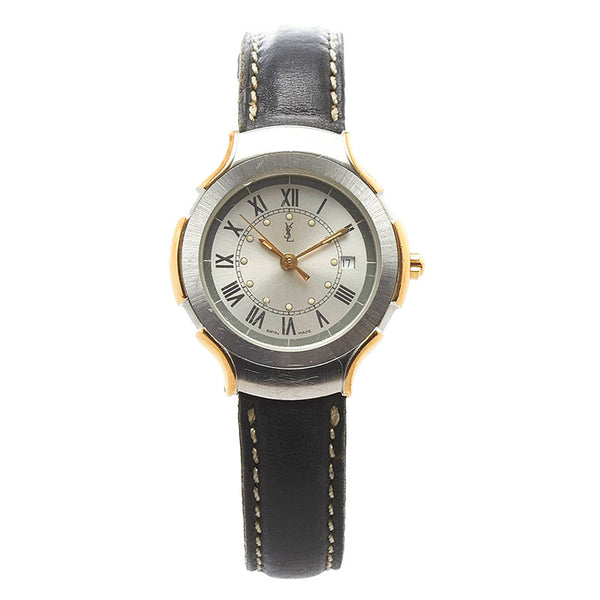 サンローラン 腕時計 クオーツ シルバー文字盤 ステンレススチール レザー レディース SAINT LAURENT 【中古】