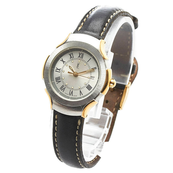 サンローラン 腕時計 クオーツ シルバー文字盤 ステンレススチール レザー レディース SAINT LAURENT 【中古】