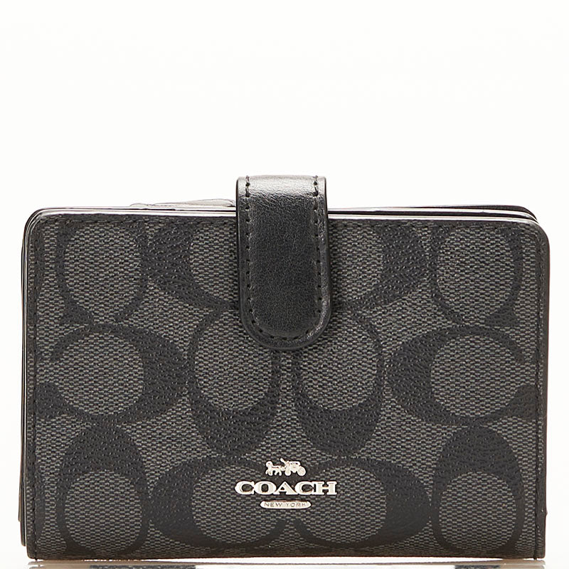 コーチ シグネチャー 二つ折り財布 コンパクトウォレット ブラック PVC レザー レディース COACH 【中古】