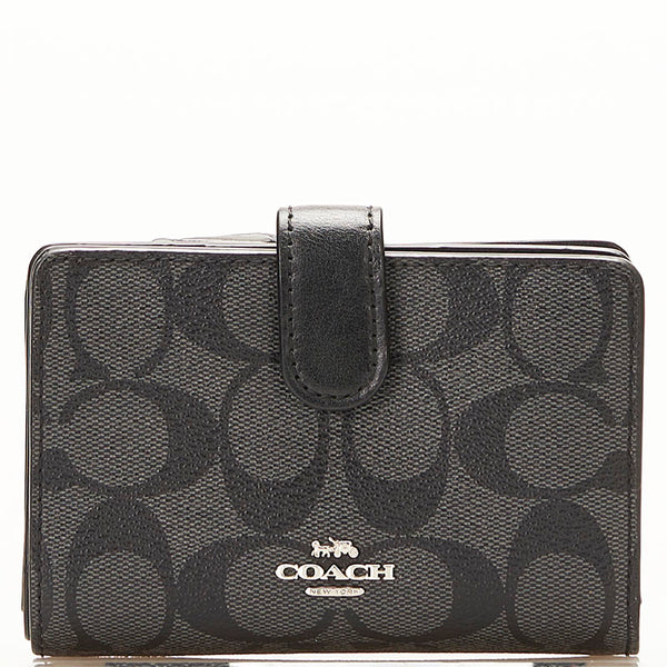 コーチ シグネチャー 二つ折り財布 コンパクトウォレット ブラック PVC レザー レディース COACH 【中古】