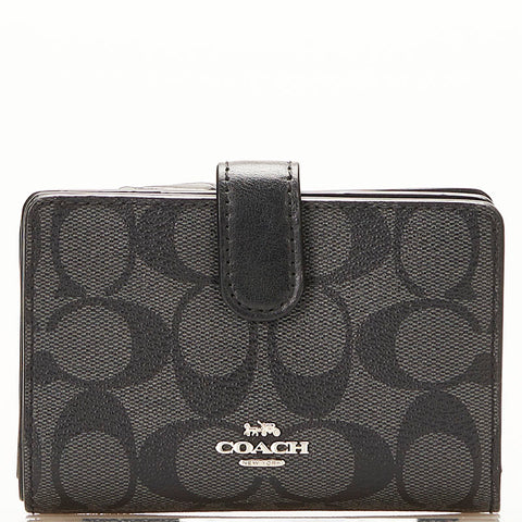 コーチ シグネチャー 二つ折り財布 コンパクトウォレット ブラック PVC レザー レディース COACH 【中古】