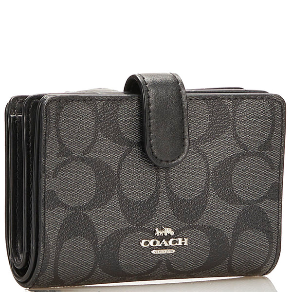 コーチ シグネチャー 二つ折り財布 コンパクトウォレット ブラック PVC レザー レディース COACH 【中古】