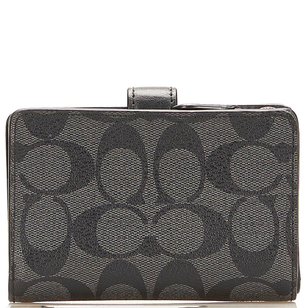 コーチ シグネチャー 二つ折り財布 コンパクトウォレット ブラック PVC レザー レディース COACH 【中古】