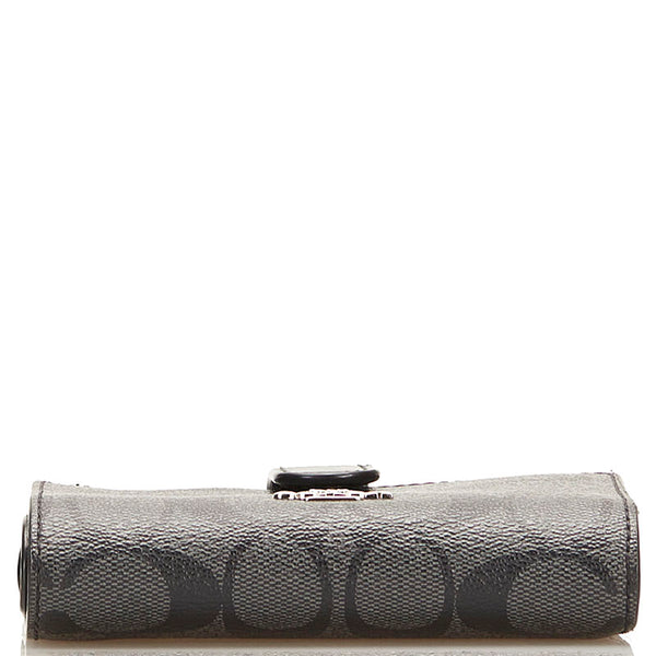 コーチ シグネチャー 二つ折り財布 コンパクトウォレット ブラック PVC レザー レディース COACH 【中古】