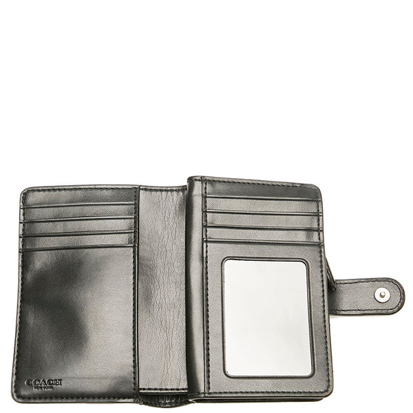 コーチ シグネチャー 二つ折り財布 コンパクトウォレット ブラック PVC レザー レディース COACH 【中古】