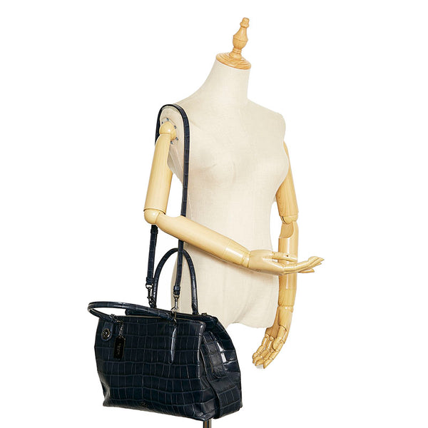 コーチ クロコ型押し ハンドバッグ ショルダーバッグ 2WAY 57116 ネイビー レザー レディース COACH 【中古】