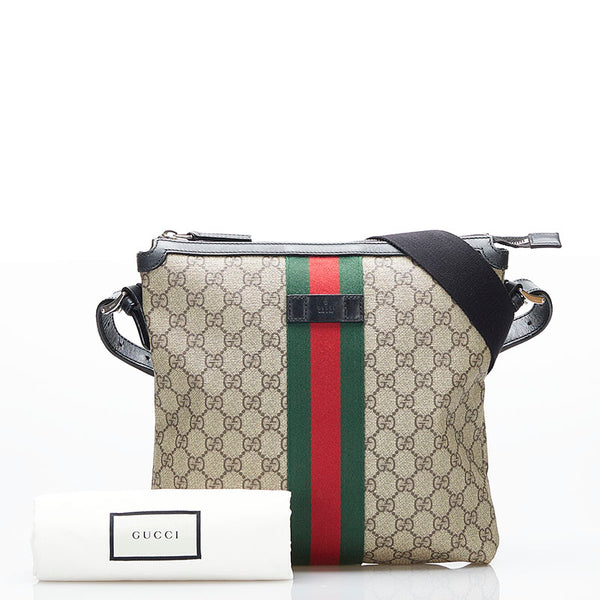 グッチ GGスプリーム シェリーライン 斜め掛け ショルダーバッグ 387111 ベージュ グリーン レッド キャンバス レザー レディース GUCCI 【中古】