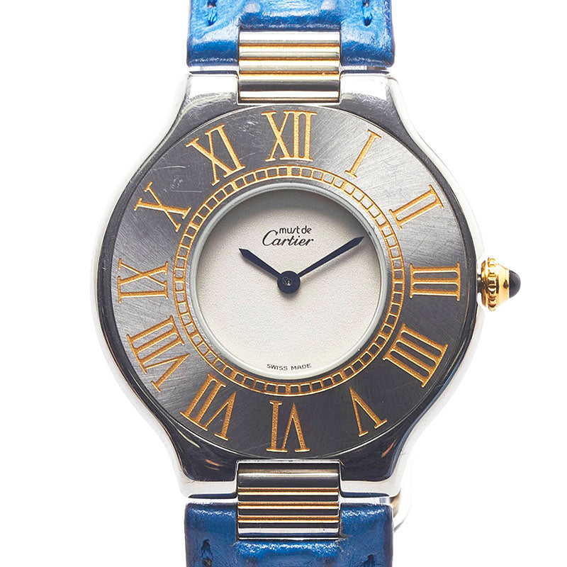 カルティエ マスト21 ヴァンティアン 腕時計 クオーツ ホワイト文字盤 ステンレススチール レザー レディース CARTIER 【中古】