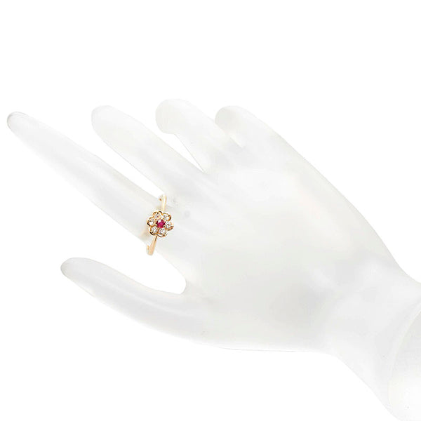 K18YG イエローゴールド ルビー0.14ct ダイヤ0.32ct フラワー リング 指輪 レディース 11.5号 【中古】