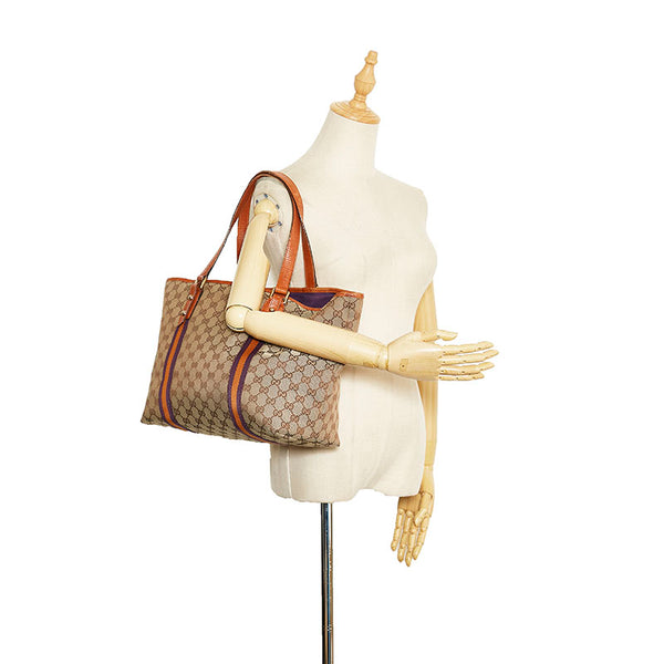 グッチ GGキャンバス シェリー トートバッグ 139220 ブラウン パープル キャンバス レザー レディース GUCCI 【中古】